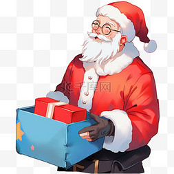 圣诞节手绘圣诞老人拿着蓝色礼盒