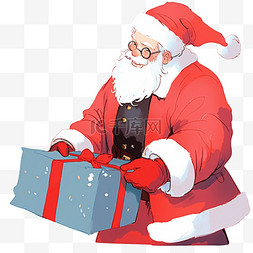 卡通眼镜胡须图片_圣诞节圣诞老人拿着蓝色礼盒手绘