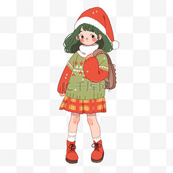 红色毛衣背景图片_圣诞手绘元素可爱女孩卡通