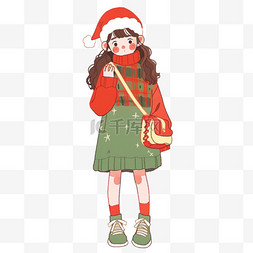 绿色挎包图片_可爱女孩圣诞卡通手绘元素