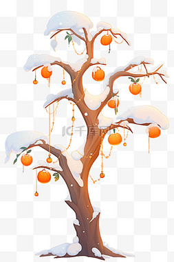 艺术树干图片_冬天手绘免抠挂满雪的柿子树元素