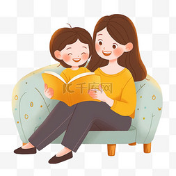 坐在长椅上的看书图片_可爱孩子妈妈看书手绘元素