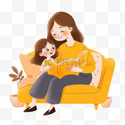 妇女坐在板凳上图片_卡通手绘可爱孩子妈妈看书元素