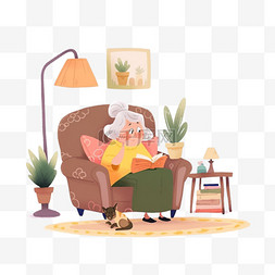 绿色台灯背景图片_老人手绘元素坐沙发简笔画卡通