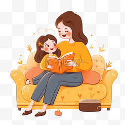 看书的妈妈图片_手绘元素可爱孩子妈妈看书卡通