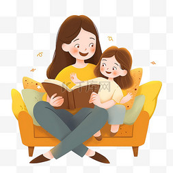 坐在长椅上的看书图片_可爱孩子手绘元素妈妈看书卡通