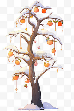 艺术树干图片_手绘冬天挂满雪的柿子树免抠元素