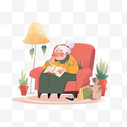 沙发绿植图片_手绘元素老人坐沙发简笔画卡通