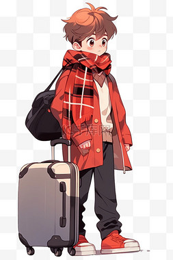 红色背景行李箱图片_卡通手绘可爱男孩行李箱元素