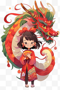 中国风背景纯色图片_新年女孩手绘龙卡通元素春节