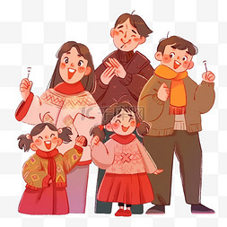 春节喜庆衣服图片_新年手绘元素一家人拜年卡通春节