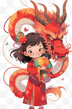 手绘中国风龙图片_卡通新年女孩龙手绘元素春节