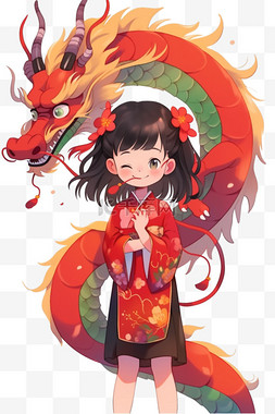手绘中国风龙图片_手绘元素新年女孩龙卡通春节