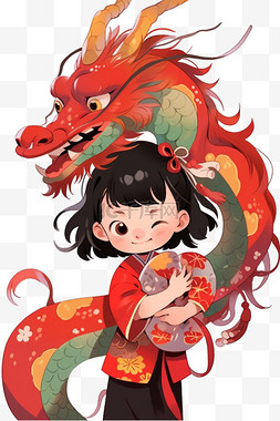 手绘中国风龙图片_手绘新年女孩龙卡通元素春节