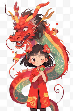 中国风背景纯色图片_新年手绘元素女孩龙卡通春节