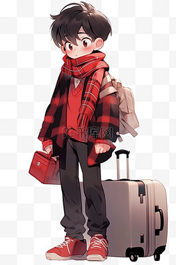 红色行李箱图片_可爱男孩行李箱卡通手绘元素