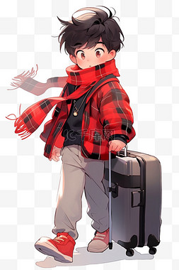 红色背景行李箱图片_手绘可爱男孩元素行李箱卡通