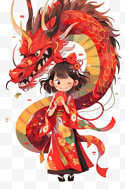 中国风背景纯色图片_女孩龙新年卡通手绘元素春节