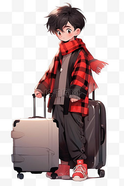 红色行李箱图片_可爱男孩行李箱元素卡通手绘