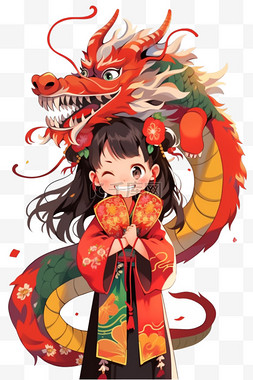 中国风背景纯色图片_新年手绘元素女孩龙卡通春节