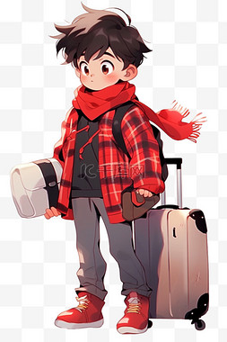 红色卡通行李箱图片_元素可爱男孩卡通行李箱手绘
