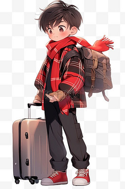 红色背景行李箱图片_卡通手绘可爱男孩行李箱元素