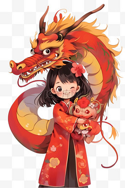 手绘中国风龙图片_龙新年女孩卡通手绘元素春节