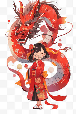 手绘中国风龙图片_新年女孩龙卡通元素手绘春节