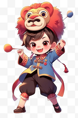 春节背景图片_迎新年可爱孩子戴着狮子帽卡通元