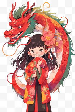手绘中国风龙图片_新年女孩龙卡通手绘元素春节