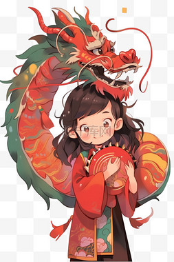 中国风手绘女孩图片_新年卡通手绘女孩龙元素春节