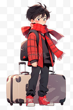 红色背景行李箱图片_可爱男孩行李箱手绘卡通元素