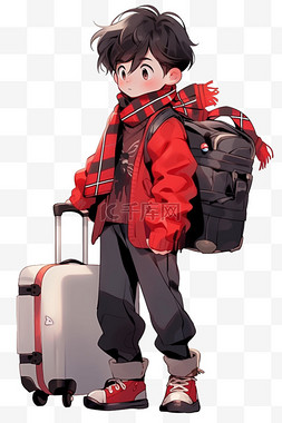 红色背景行李箱图片_手绘元素可爱男孩行李箱卡通