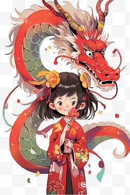 国风手绘背景图片_女孩龙卡通新年手绘元素春节