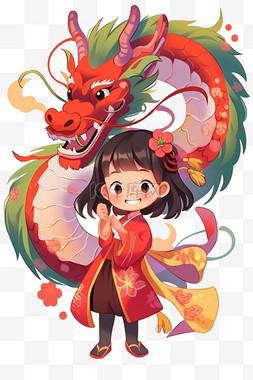 中国风的红色背景图片_新年女孩手绘元素龙卡通春节