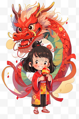 中国风的红色背景图片_新年女孩龙手绘元素卡通春节