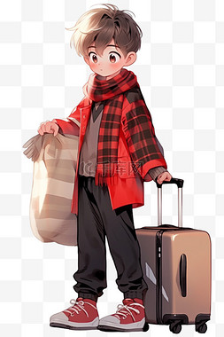 红色背景行李箱图片_可爱男孩行李箱卡通元素手绘