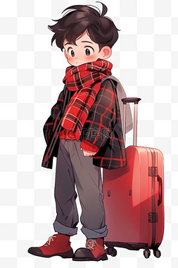 手绘红色行李箱图片_可爱男孩手绘元素行李箱卡通