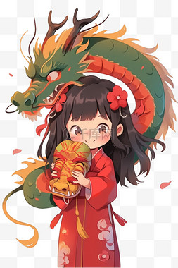 中国风背景纯色图片_新年女孩手绘元素龙卡通春节