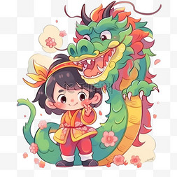新春春节新年小孩和龙卡通可爱龙