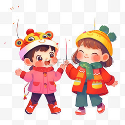 春节背景2图片_卡通手绘迎新年可爱孩子烟花元素