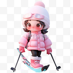 冬天可爱女孩滑雪3d立体元素免抠