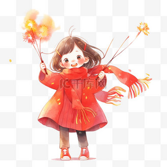 手绘迎新年可爱女孩烟花卡通元素春节