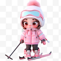 带白色帽子的女孩图片_免抠元素冬天可爱女孩滑雪3d立体