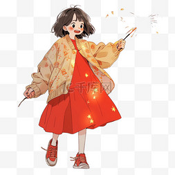 红色背景烟花图片_卡通迎新年可爱女孩烟花手绘元素