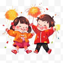红色的烟花图片_迎新年可爱孩子烟花灯笼卡通手绘