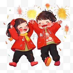 红色新春背景图片_手绘迎新年可爱孩子灯笼烟花卡通