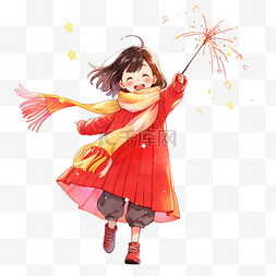 新春新年背景图片_可爱女孩迎新年烟花卡通手绘元素