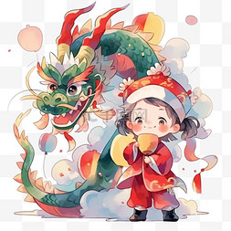 新年拜年插画图片_喜庆新年小孩和龙卡通可爱新年插