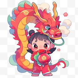 春节放假新年小孩和龙卡通可爱龙